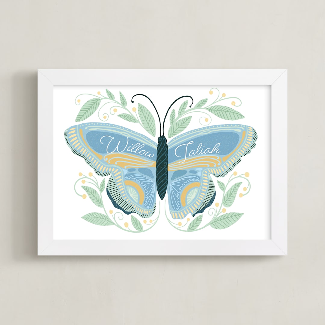 "Flutter & Fly" - Personalized Art Print in Sun and Sky by Blue Ombre co - Framed