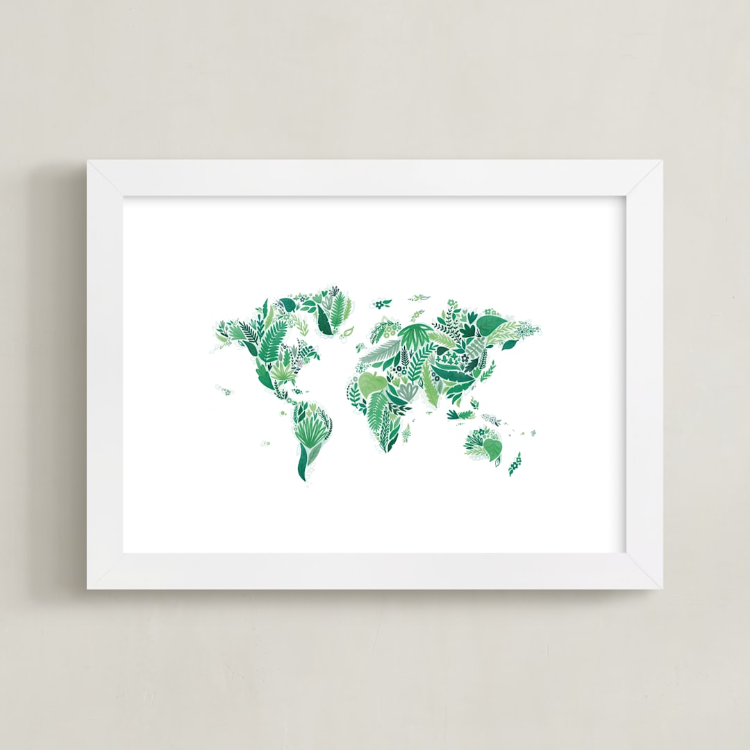 "Botanical World Map" - Art Print in Fern by Jessie Steury - Framed