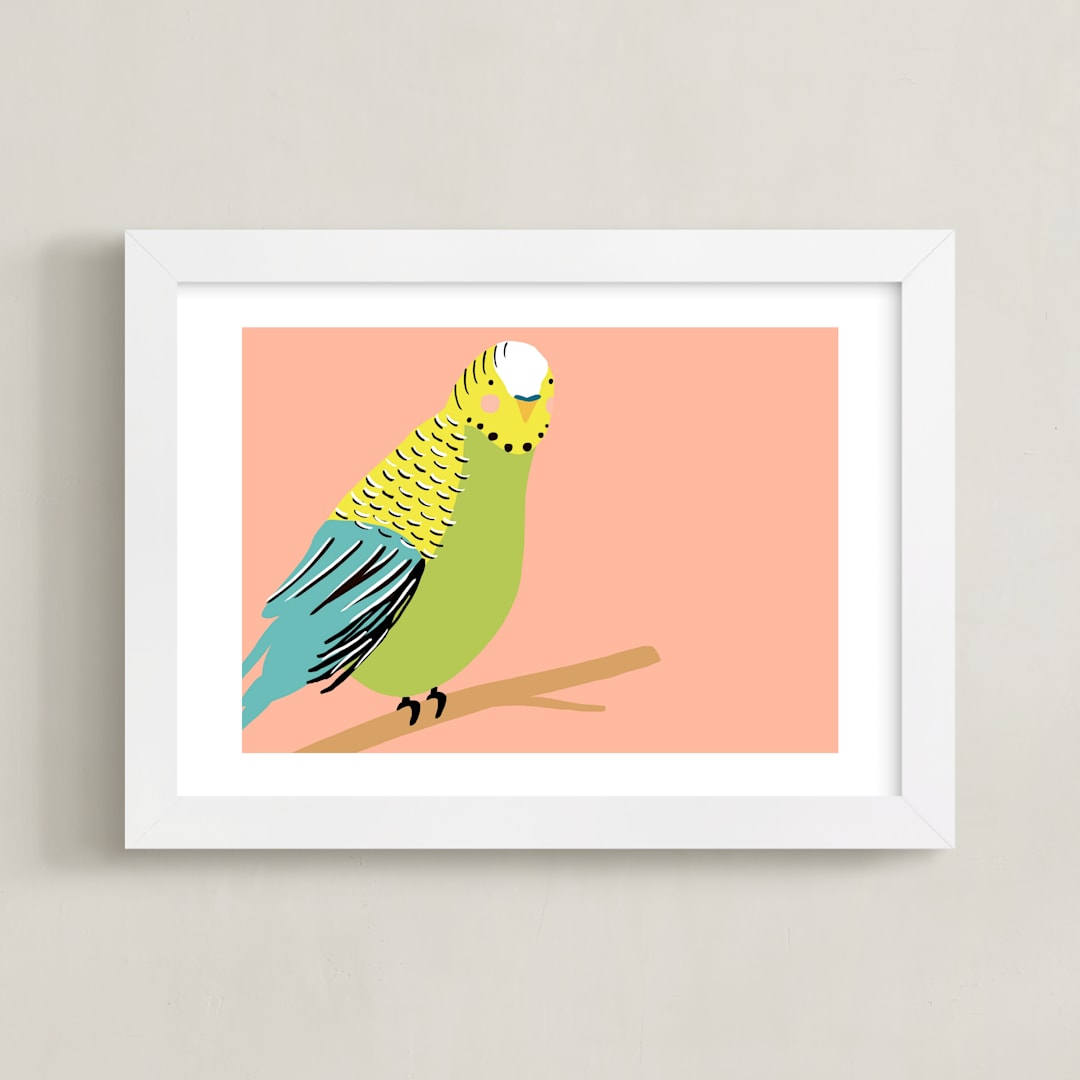 "Sweet Parakeet" - Art Print in Peach by merry mack creative - Framed