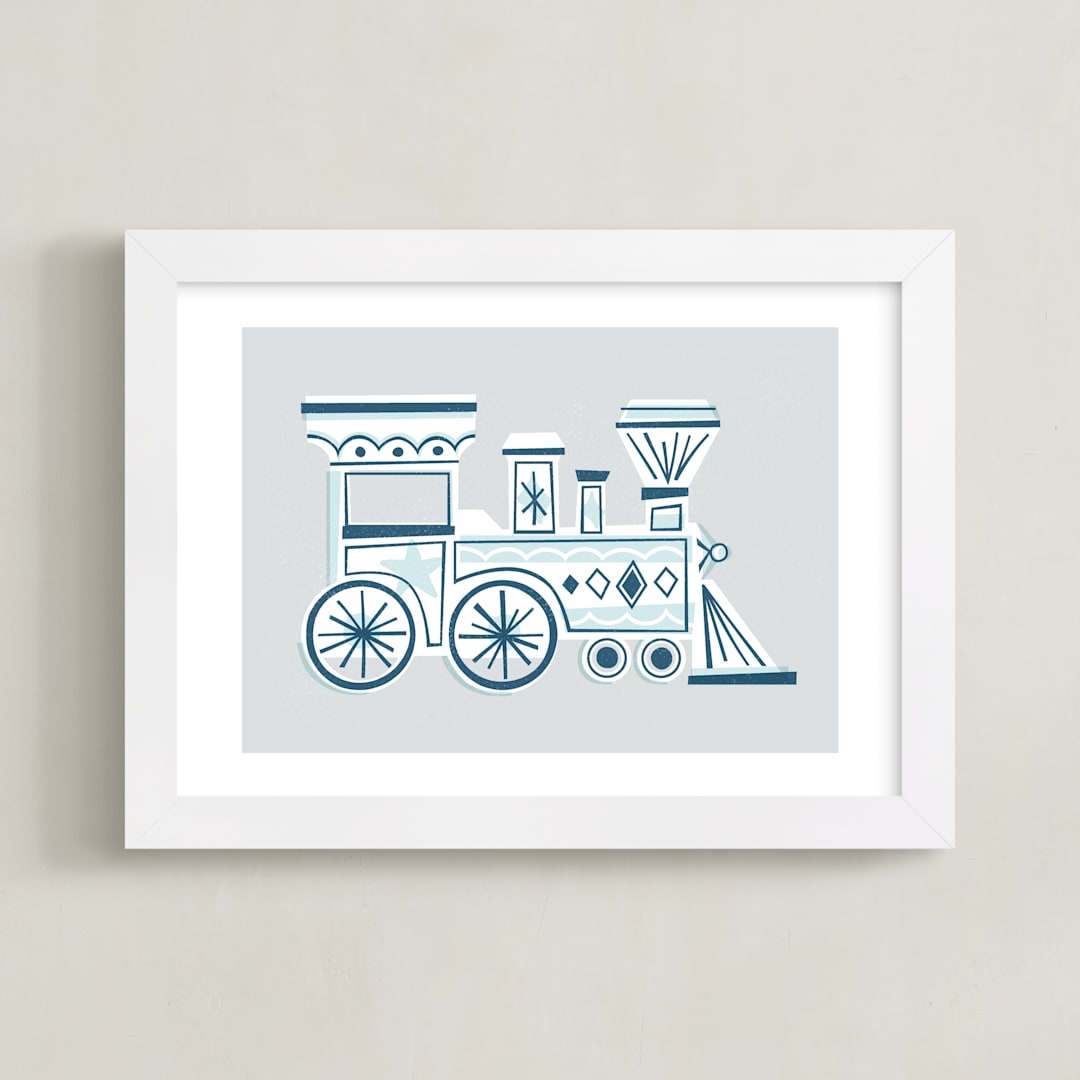 "Terrific Train" - Art Print in Blue Grey by Jessie Steury - Framed