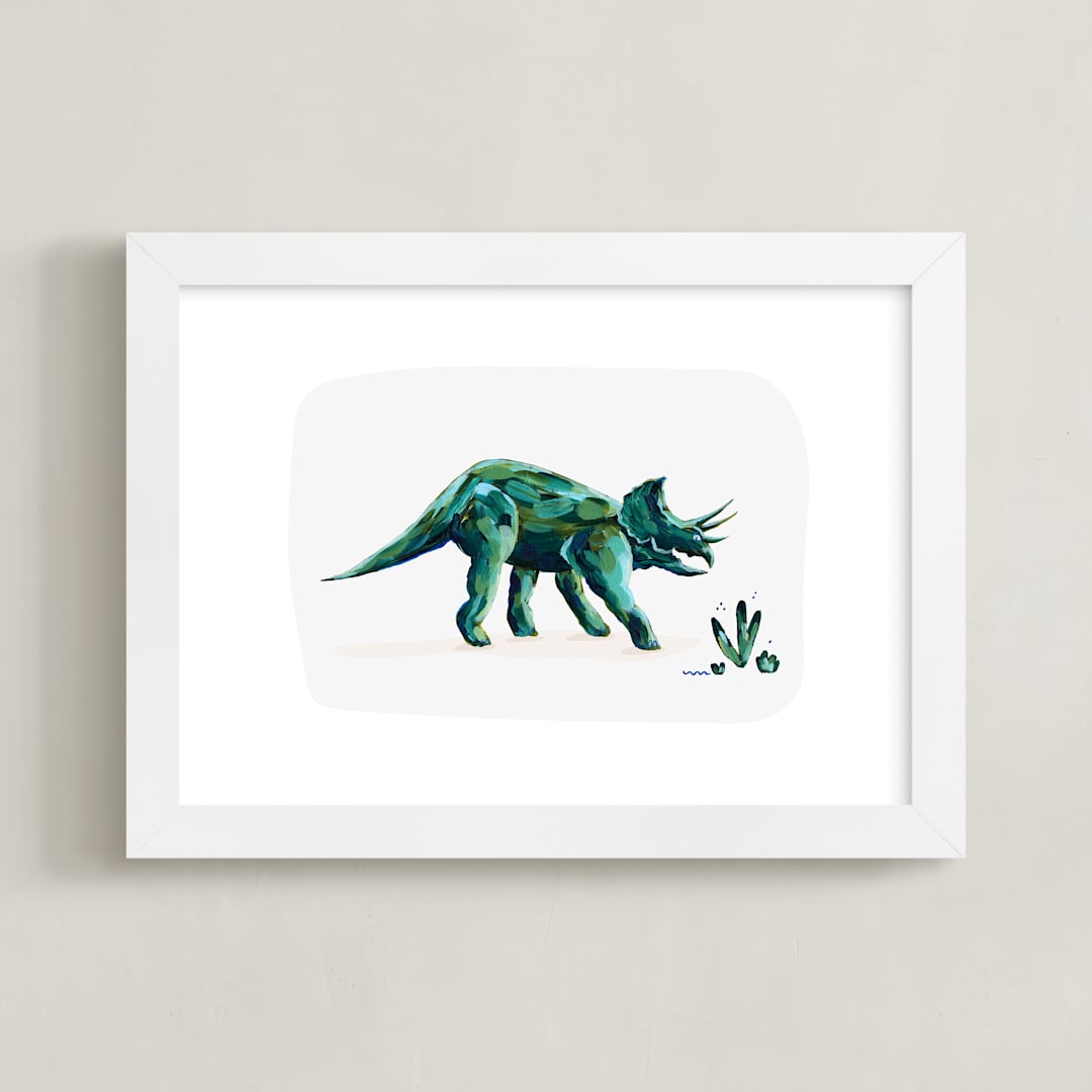 "Triumphant Triceratops" - Art Print in Leaf by Kayla King - Framed