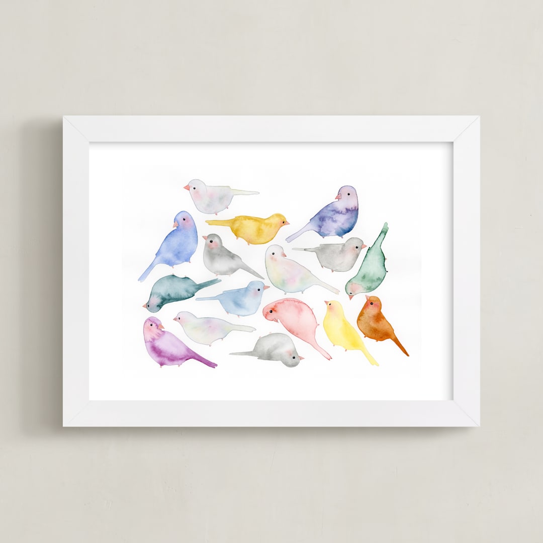 "Bird Crew" - Art Print in Dove Gray by Renee Anne Bouffard-McManus - Framed