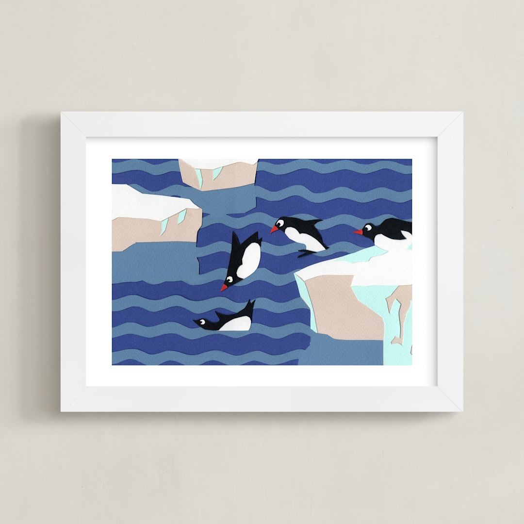 "Pretty Penguins" - Art Print in Marine Blue by Rafael Yaniger - Framed