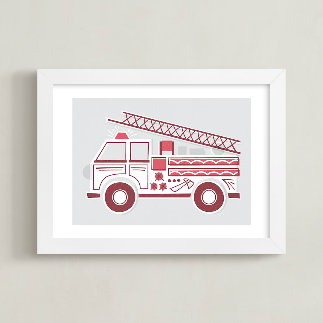 "Fancy Firetruck" - Art Print in Retro Red by Jessie Steury - Framed