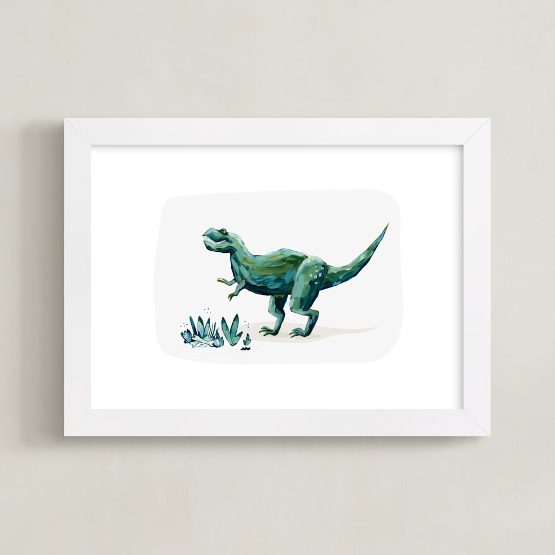 "Terrific T-Rex" - Art Print in Leaf by Kayla King - Framed