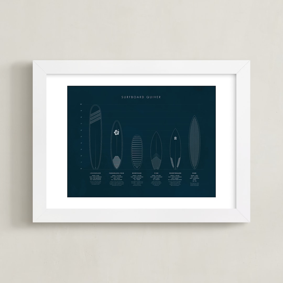 "Surfboard Quiver" - Art Print in blueprint by Kamala Nahas - Framed