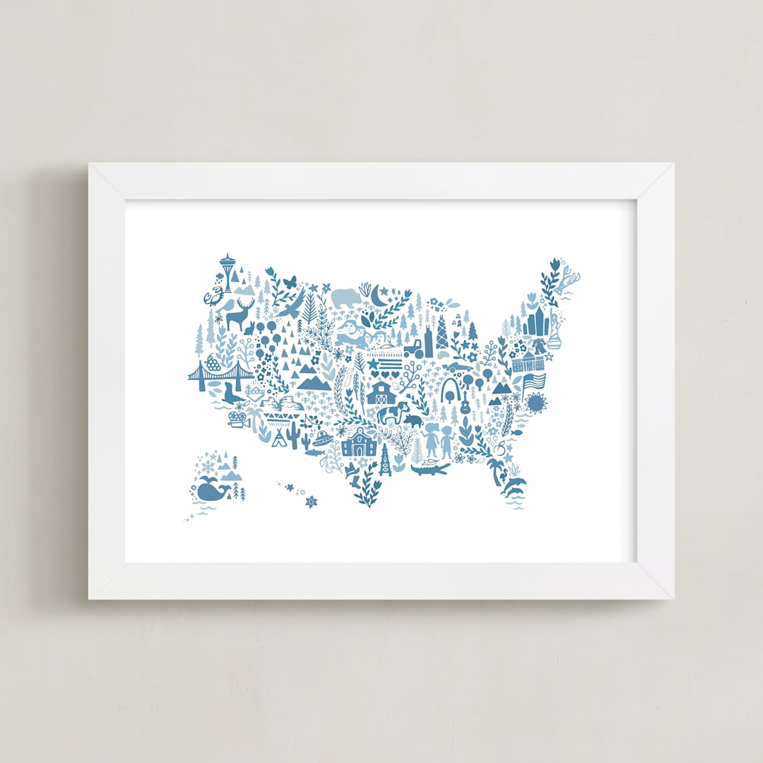 "Little Big United States Map" - Art Print in Blueberry by Jessie Steury - Framed
