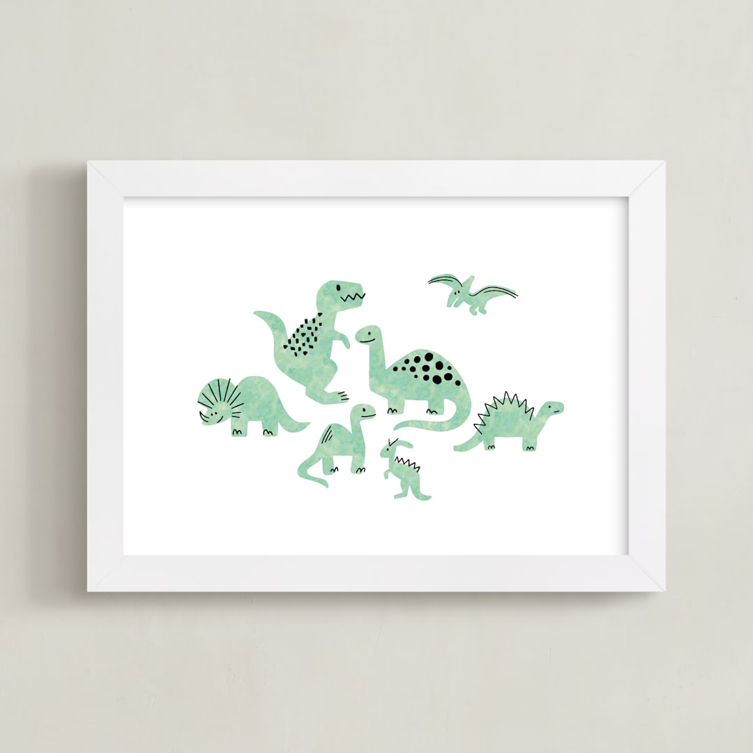 "Darling Dinos" - Art Print in Fern by Jessie Steury - Framed