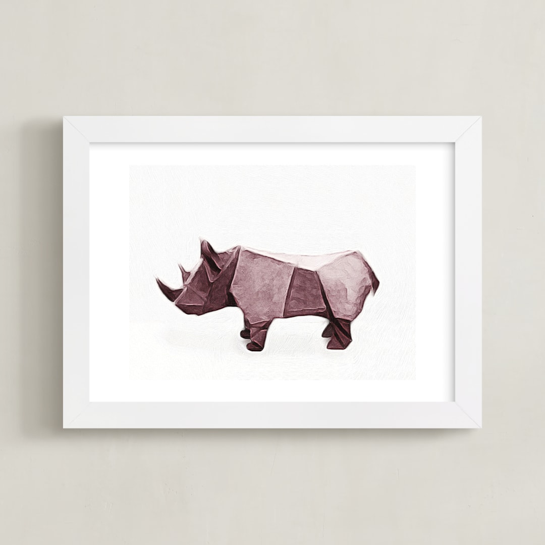 "Paper Animals: Rhinoceros" - Art Print in Moody cherry by Maja Cunningham - Framed