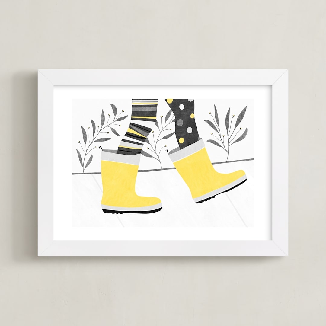 "rainboots on sunny days" - Art Print in dandelion yellow by Leanne Friedberg - Framed