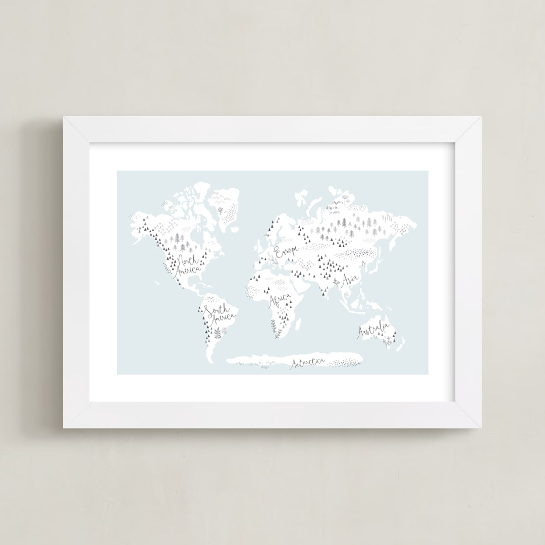 "Beautiful World Map" - Art Print in Soft Sky by Jessie Steury - Framed