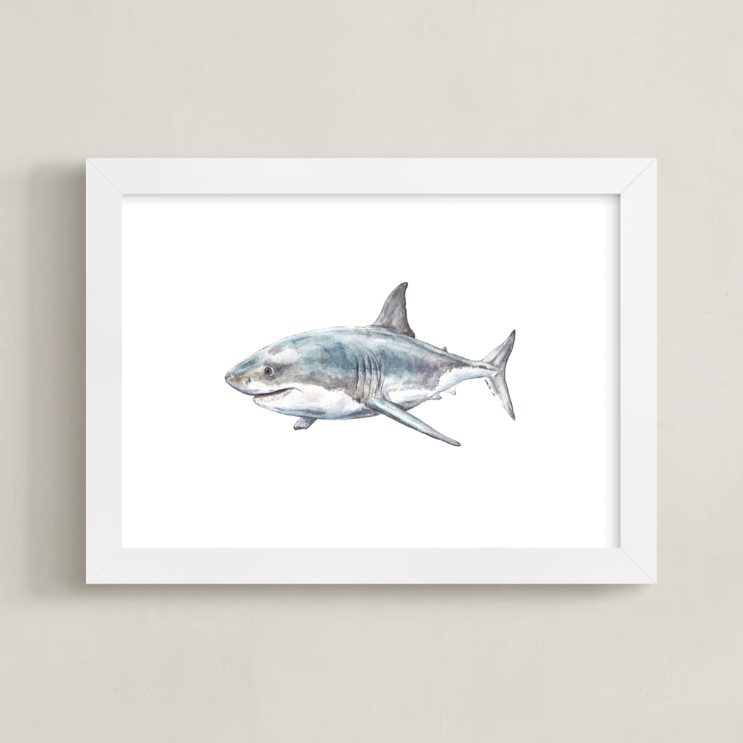 "Shark in Smiling Waters" - Art Print in Shark Gray by Lauren Rogoff - Framed