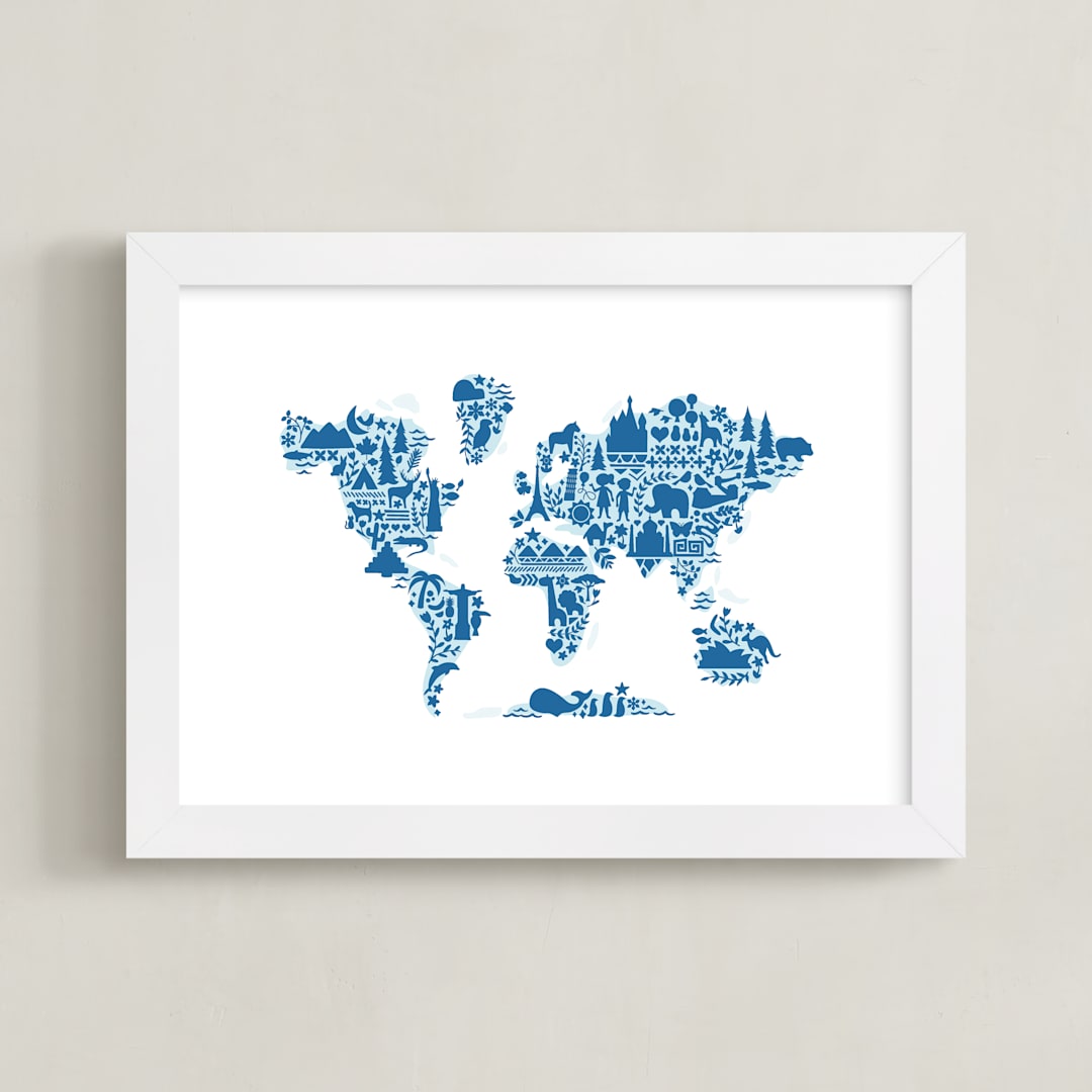 "Little Big World Map" - Art Print in Bluebell by Jessie Steury - Framed