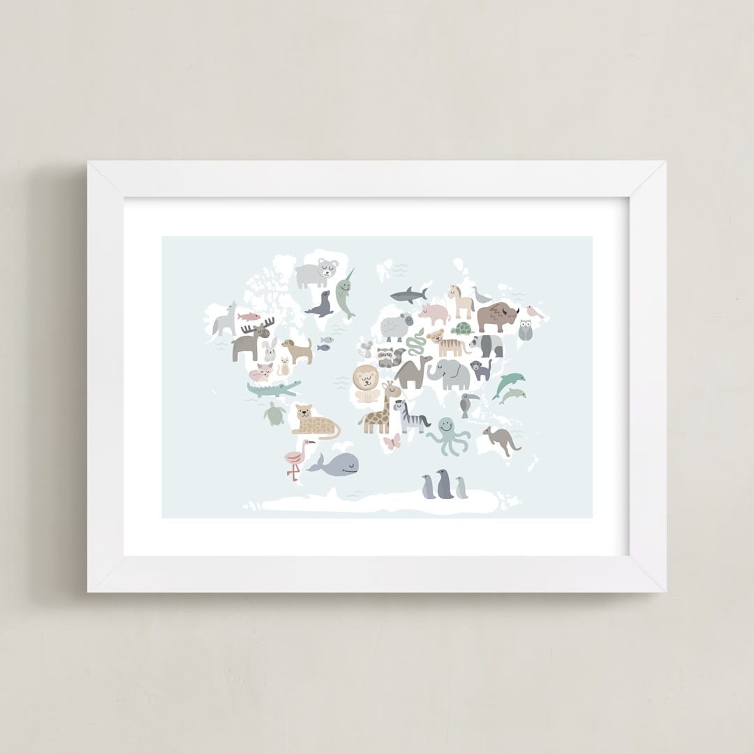 "Wild World Map" - Art Print in Sky by Jessie Steury - Framed