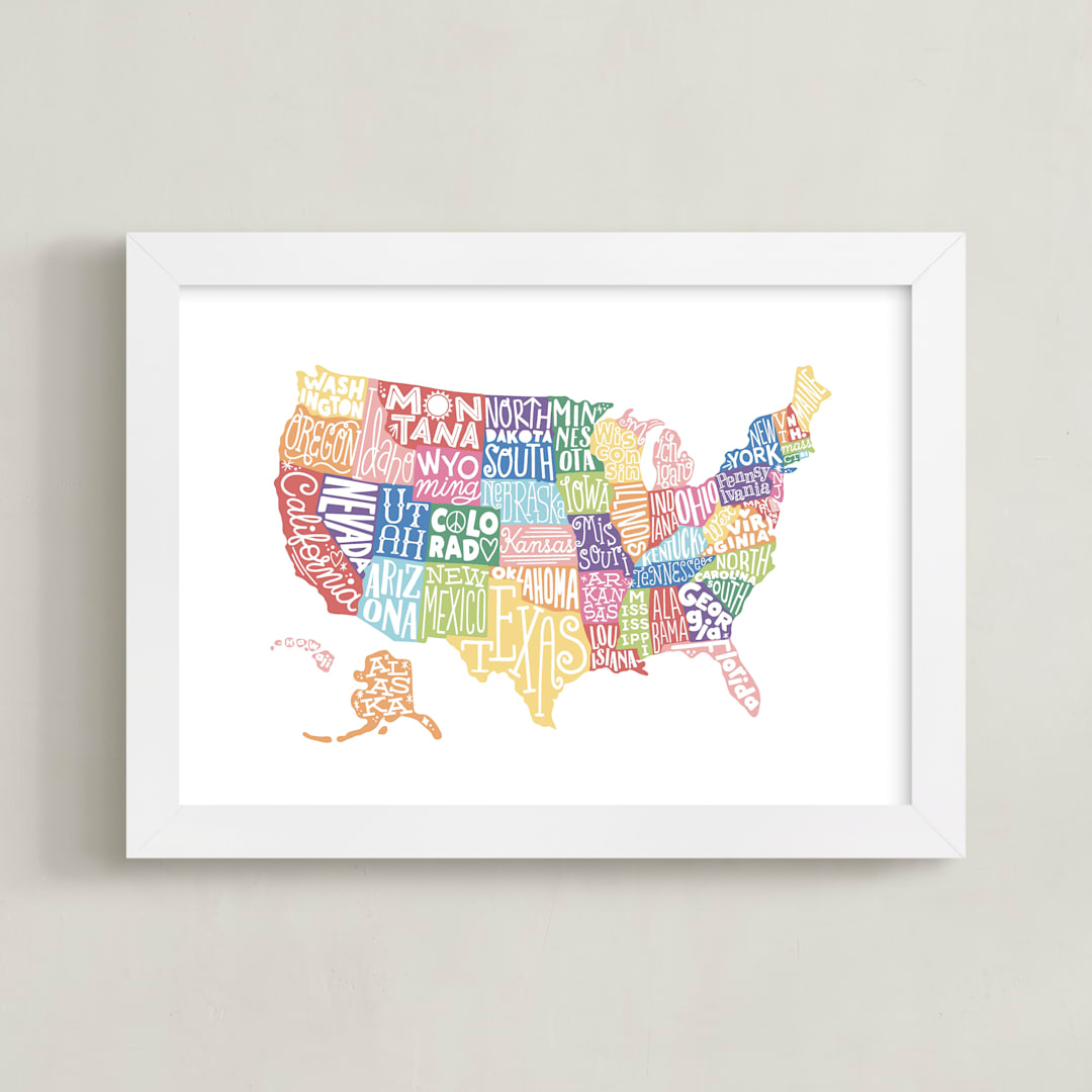 "Delightfully Lettered USA Map" - Art Print in Rainbow by Jessie Steury - Framed