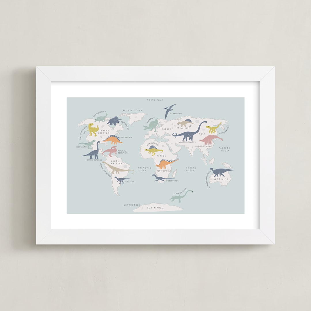 "Dino World" - Art Print in Ocean Blue by Teju Reval - Framed