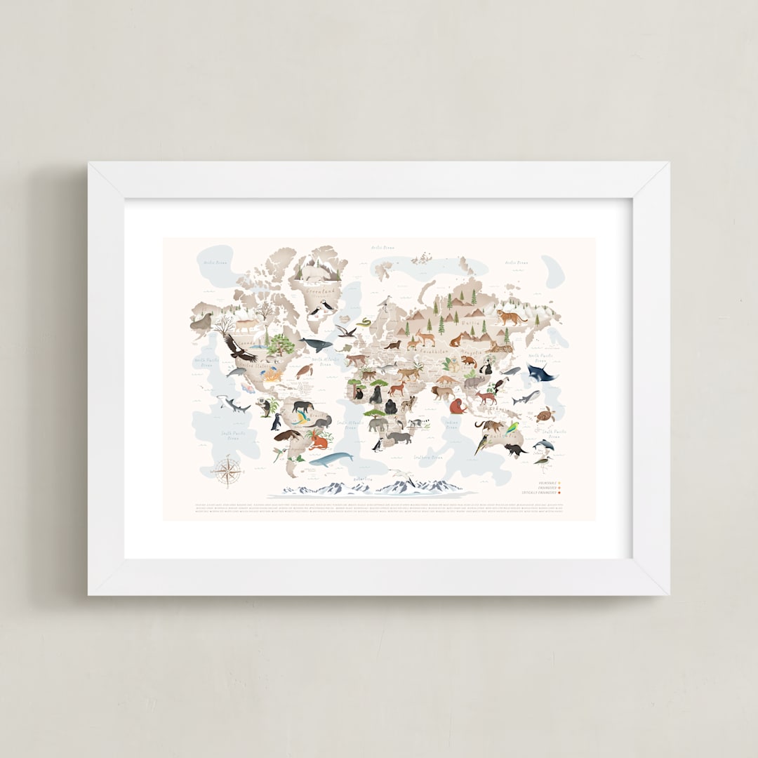 "Animals World Map, 65 Threatened Species" - Art Print in Ivory by Sabrin Deirani - Framed