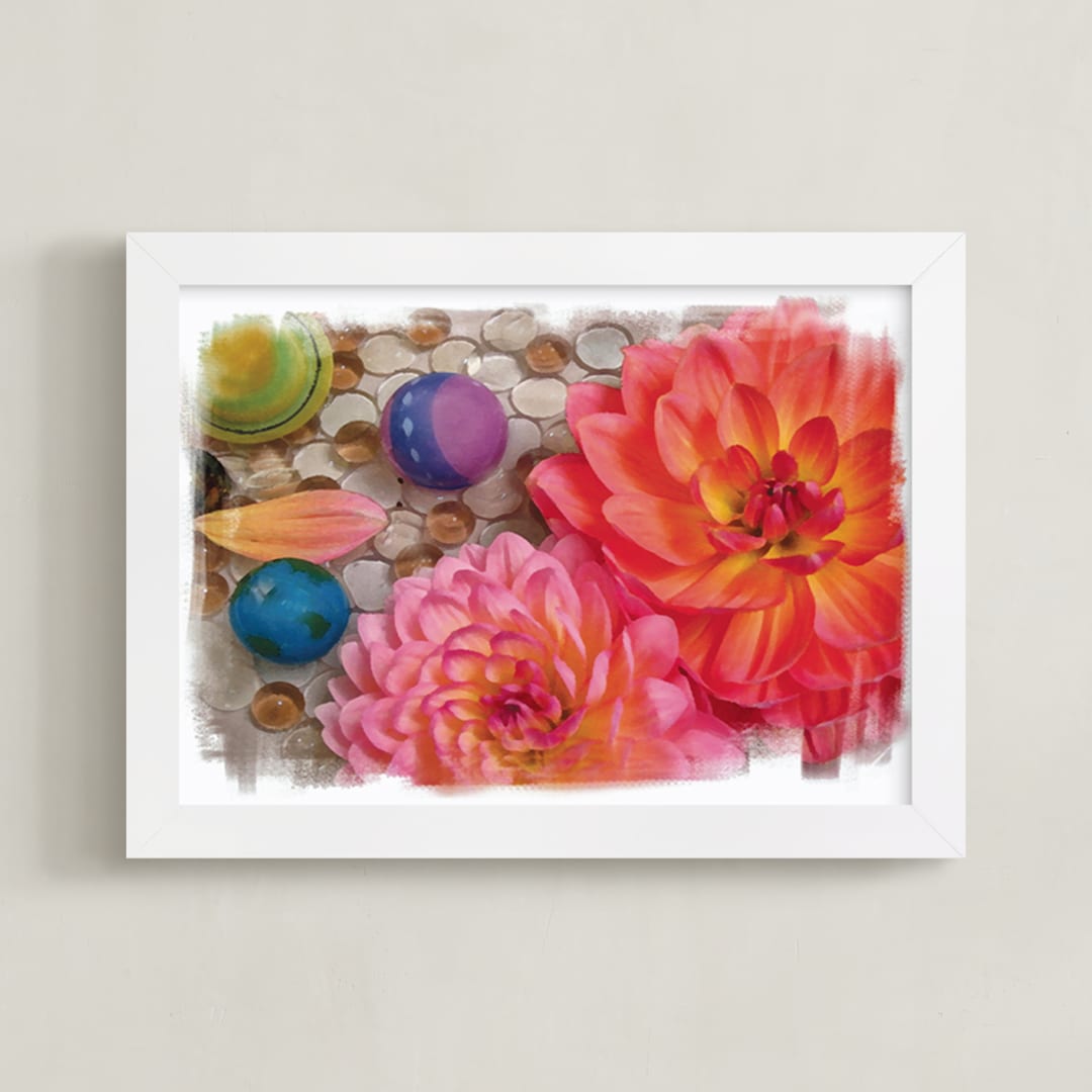 "Marbles and Dahlias" - Art Print in Orange Lilly by A MAZ Design - Framed