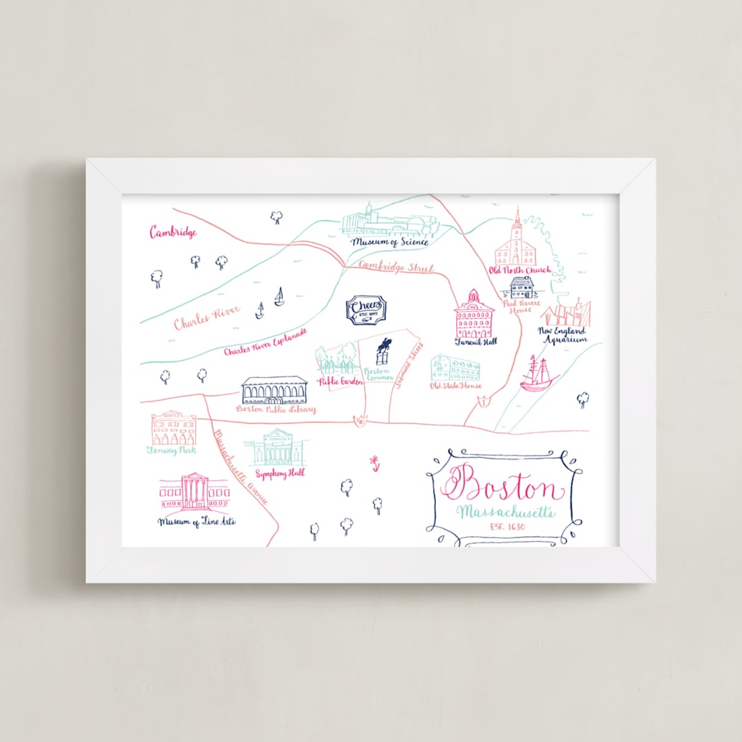 "Boston, Massachusetts Calligraphy Map" - Art Print in Navy by Megan Kelso - Framed