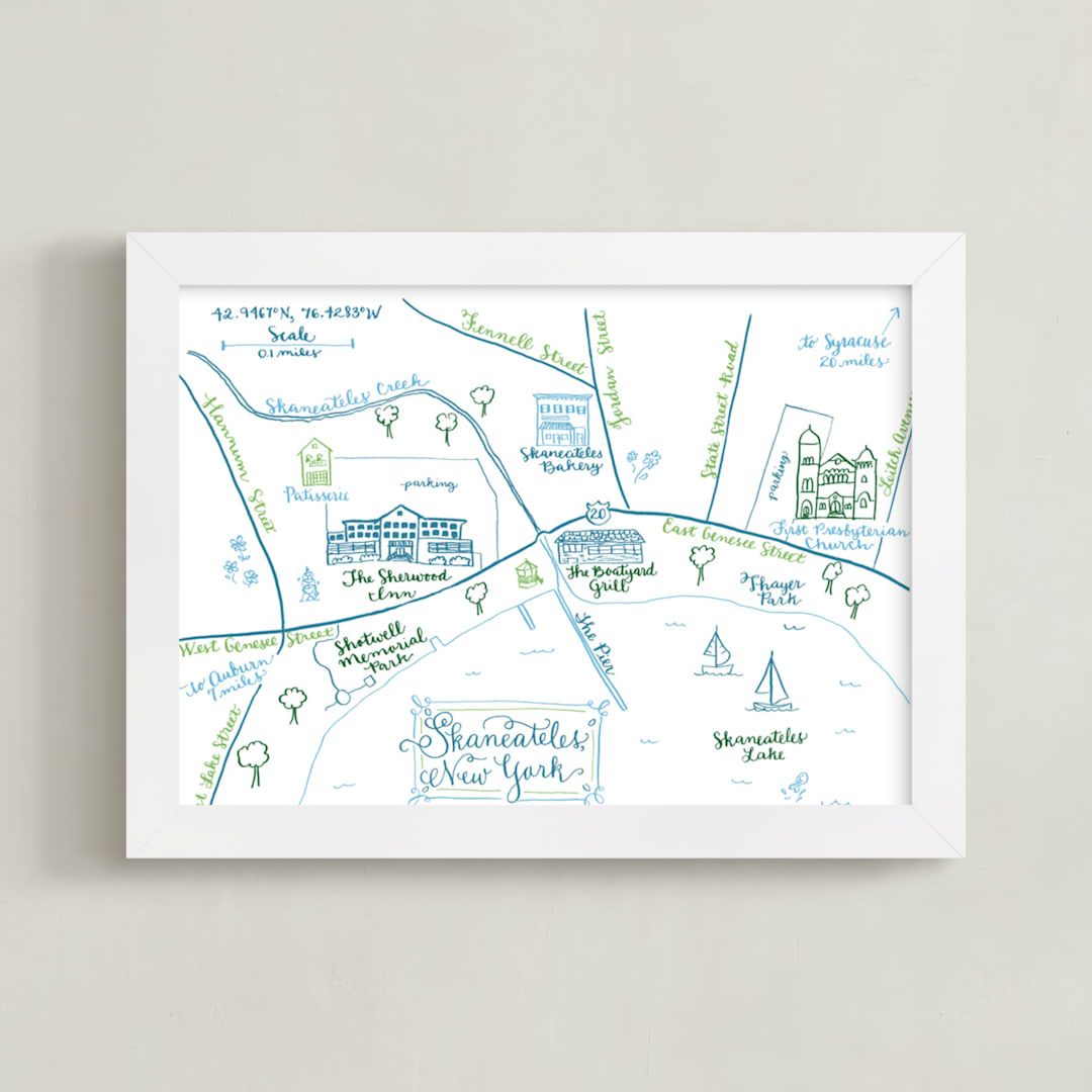 "Skaneateles, New York Map" - Art Print in Lake Blue by Megan Kelso - Framed