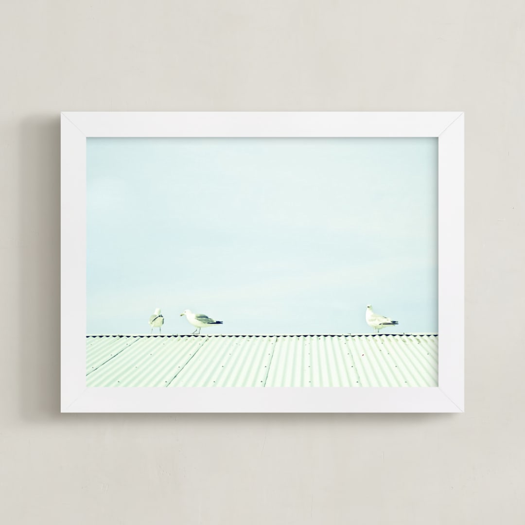"Seagulls On The Roof" - Art Print in Pastel Blue by Alexandra Feo - Framed