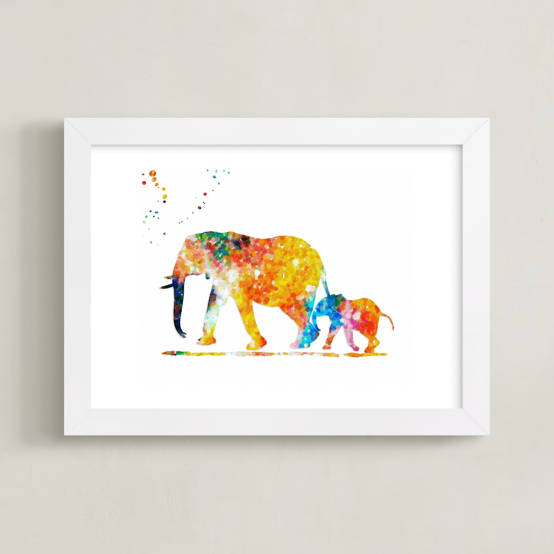 "Elephant Mom & Baby " - Art Print in Warm & Bright by Alex Isaacs Designs - Framed