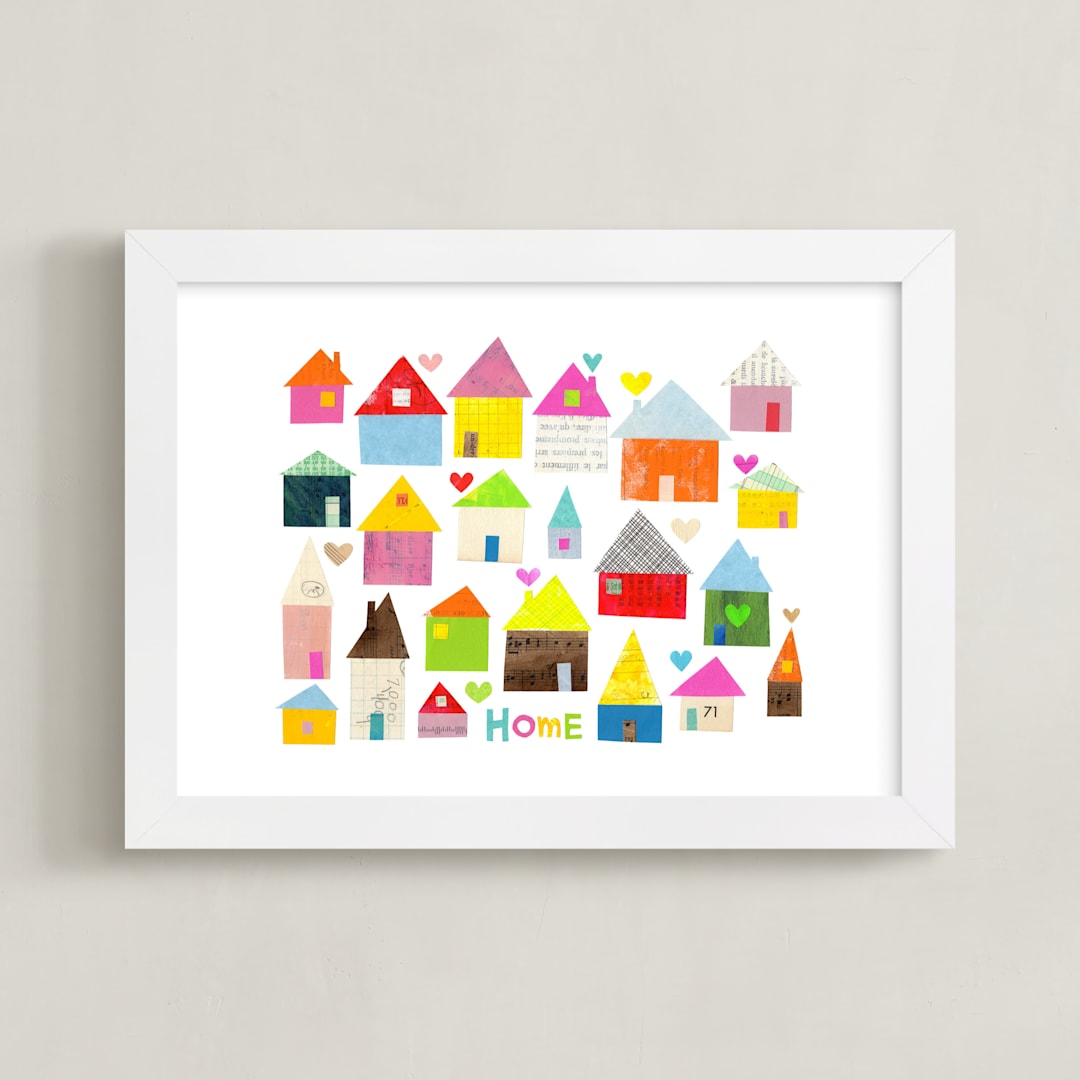 "Home + Hearts" - Art Print in Pink Rainbow by Shelley Kommers - Framed