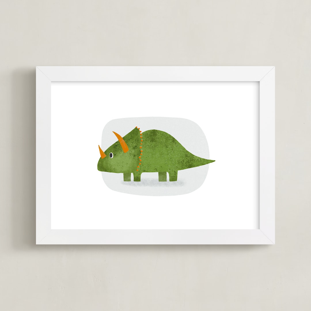 "Gentle Triceratops " - Art Print in Apple green by Farinaz Vaseghi - Framed