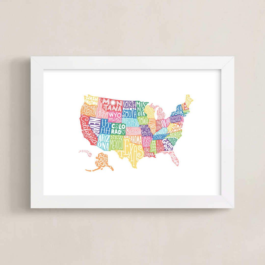 "United States Typography Map" - Art Print in Rainbow by Jessie Steury - Framed