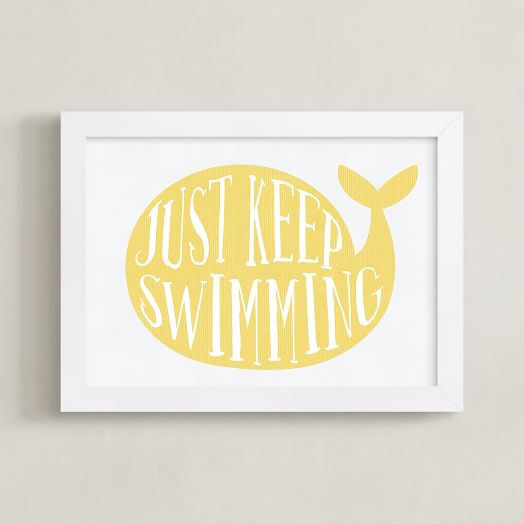 "Keep Swimming" - Art Print in Lemon yellow by Johanna Phillips Huuva - Framed