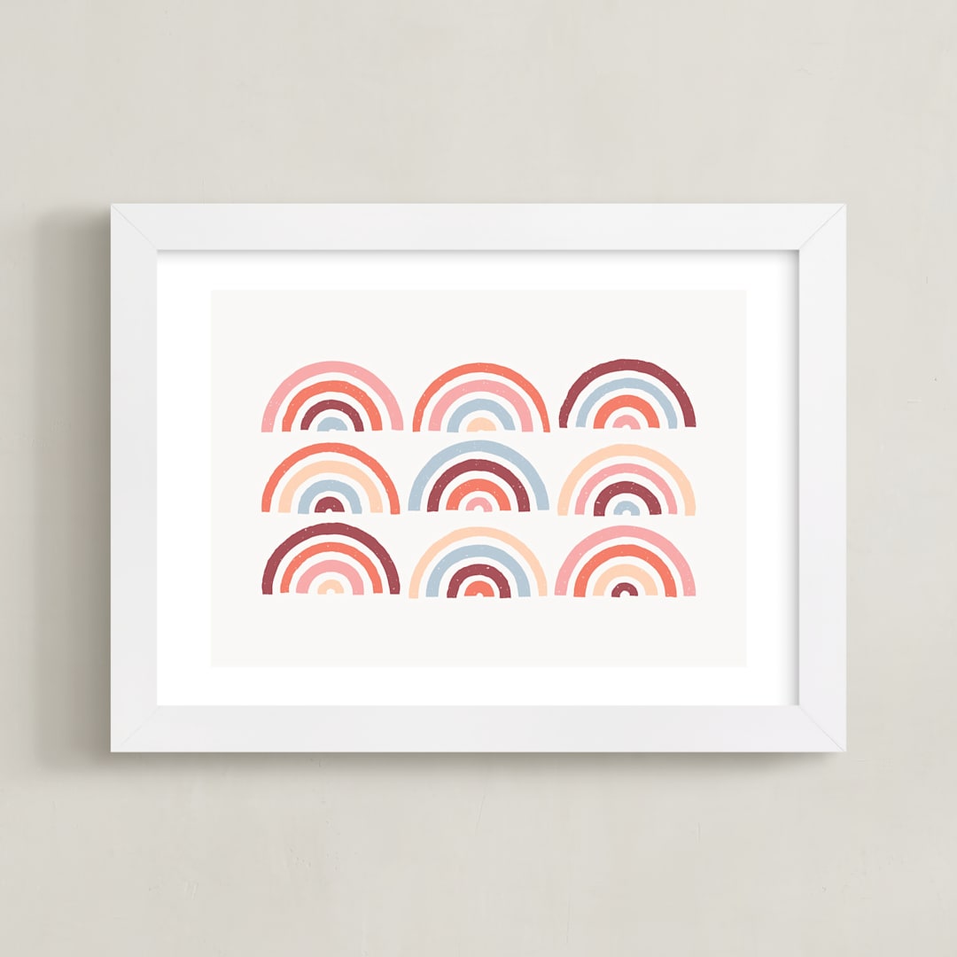 "Stamped Rainbows Art" - Art Print in Maroon by Amber Barkley - Framed