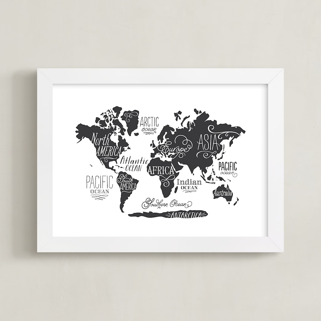 "Whimsical World Map" - Art Print in Black by Jessie Steury - Framed