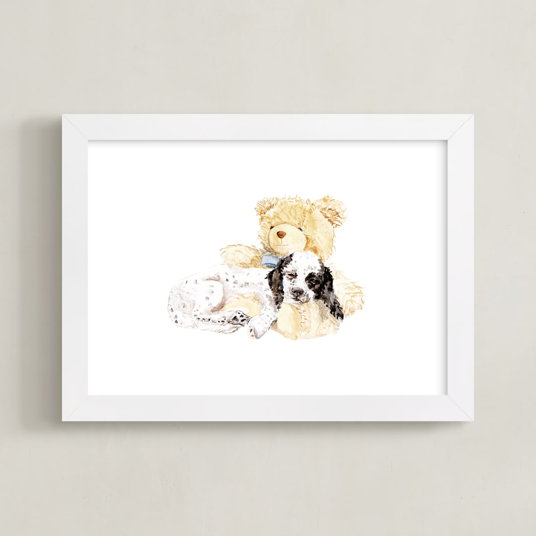 "Pup & Teddy: Best Friends Forever" - Art Print in Teddy Bear Tan by Lauren Rogoff - Framed
