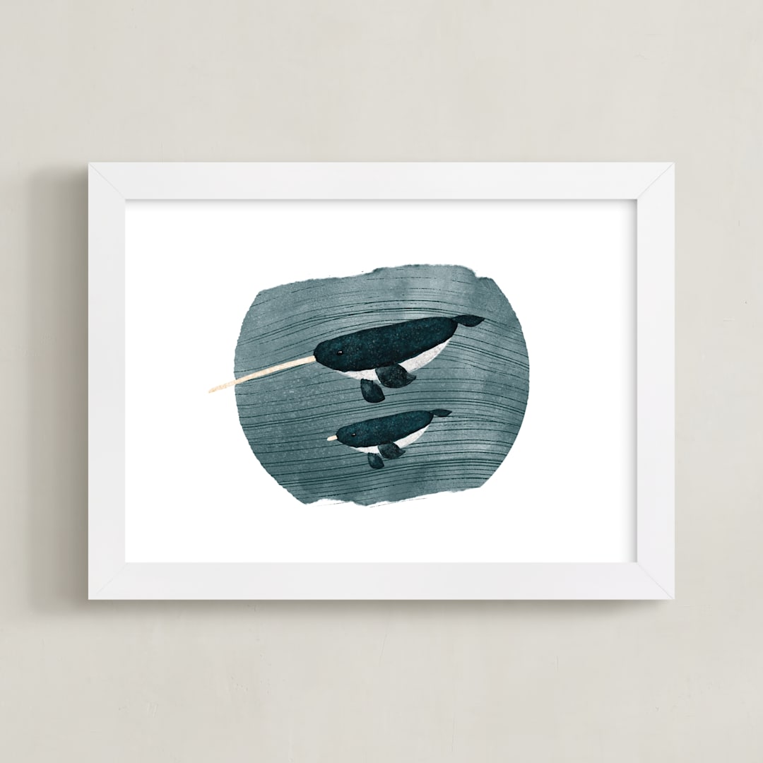 "Narwhals" - Art Print in Deep Blue by Angel Walker - Framed