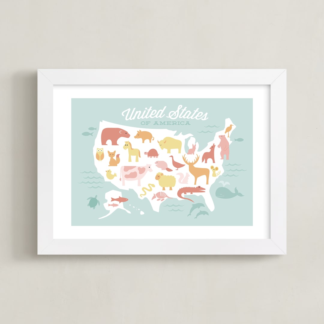 "Animal American Map" - Art Print in Carnival by Jessie Steury - Framed