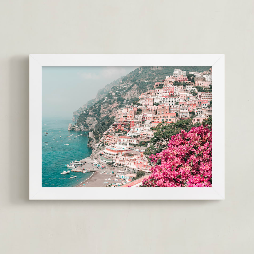 "Positano Pink Flowers" - Art Print in Hot Pink by Heather Loriece - Framed