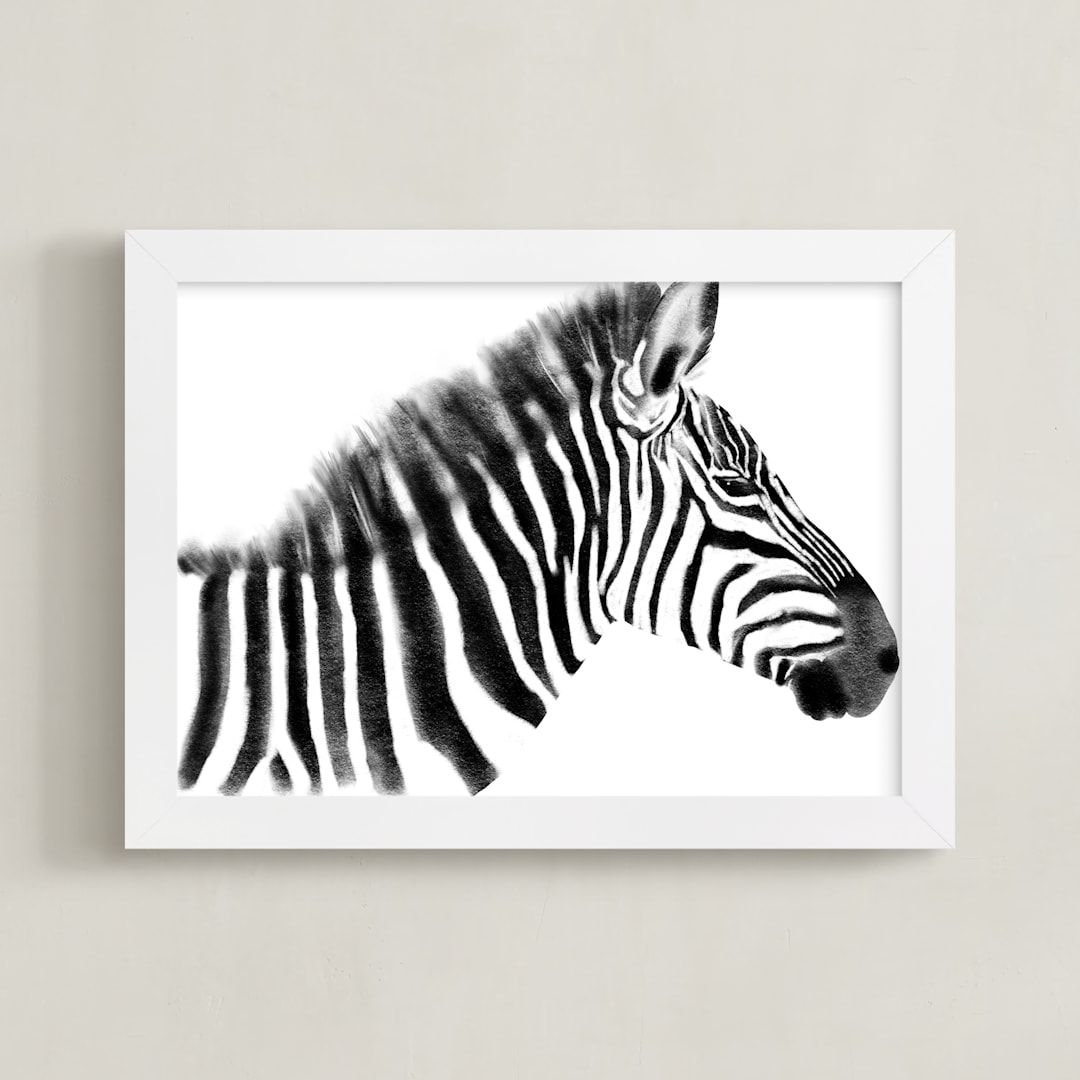 "Zebra Charcoal Drawing" - Art Print in Charcoal by Becky Nimoy - Framed