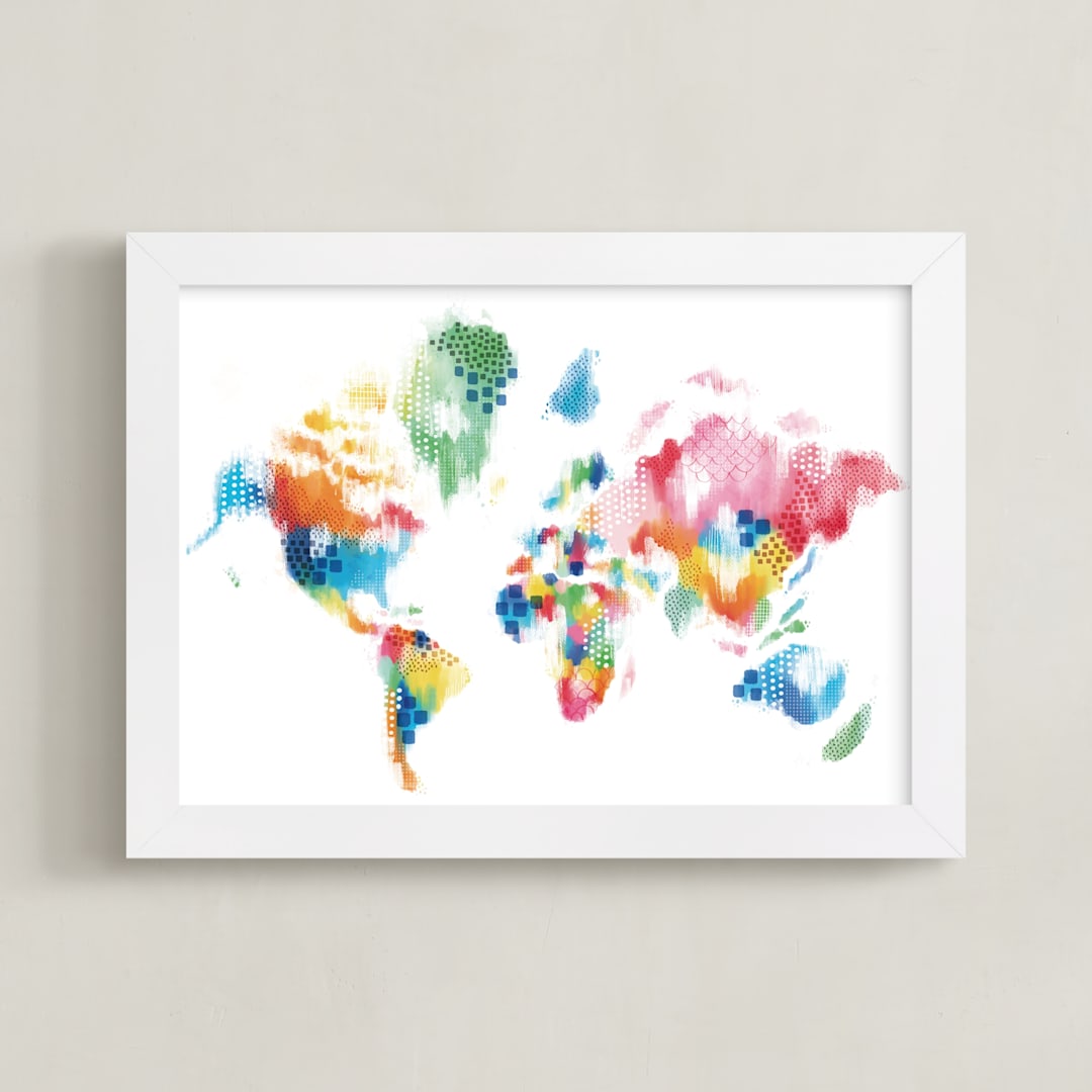 "Abstract World Map" - Art Print in Rainbow by Jessie Steury - Framed