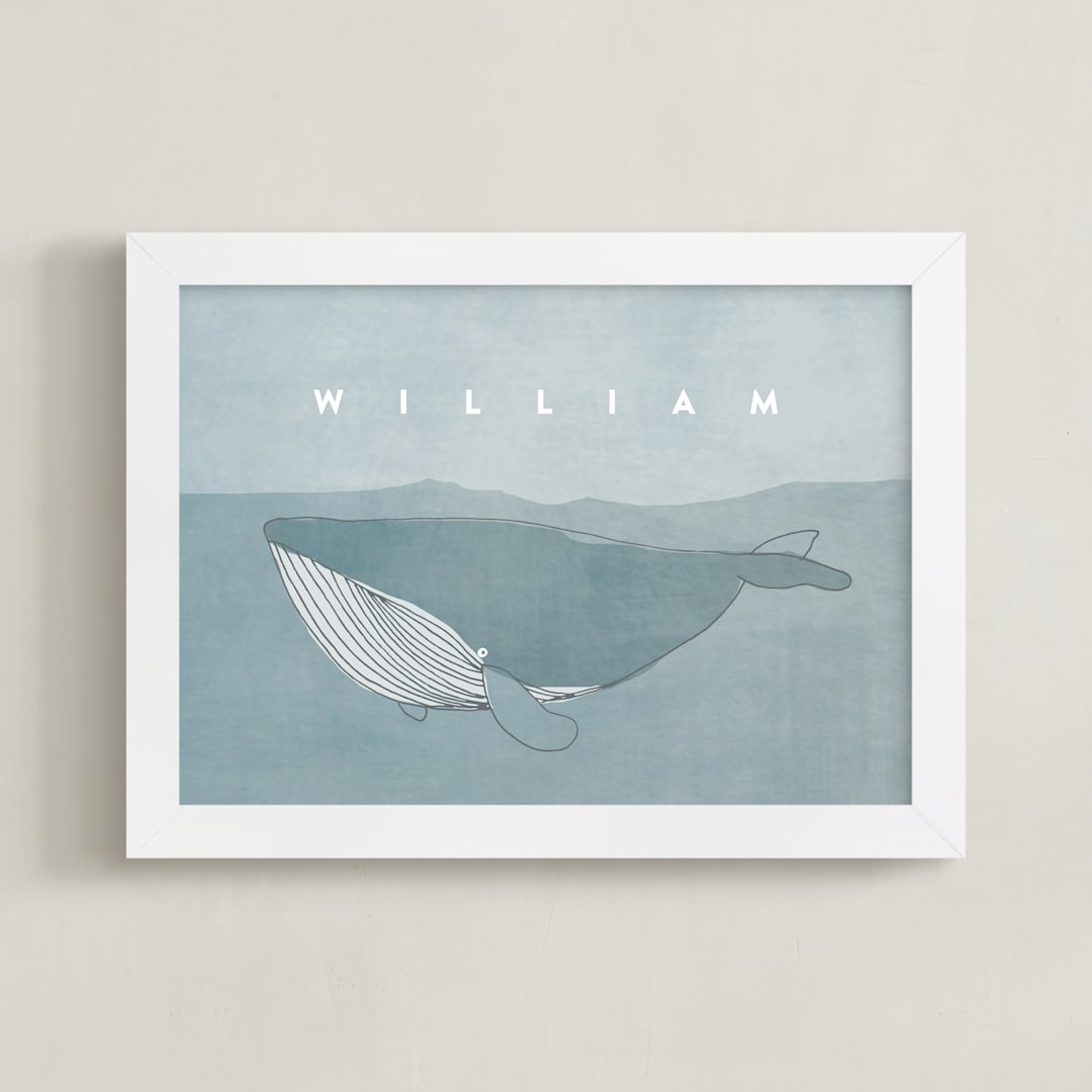 "Sweet Whale" - Personalized Art Print in Whale Blue by Lucrecia Caporale - Framed
