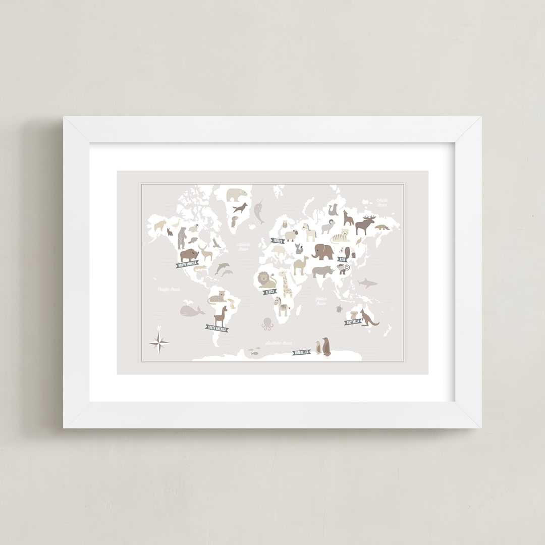 "Animal World Map" - Art Print in Beige by Jessie Steury - Framed