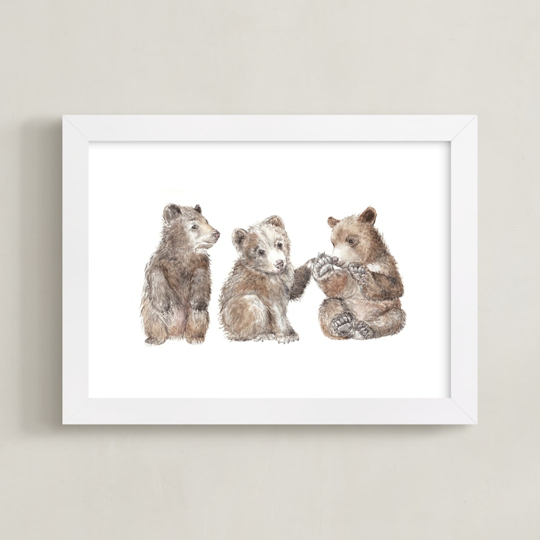 "Three Little Bears" - Art Print in Bear Cub Brown by Lauren Rogoff - Framed