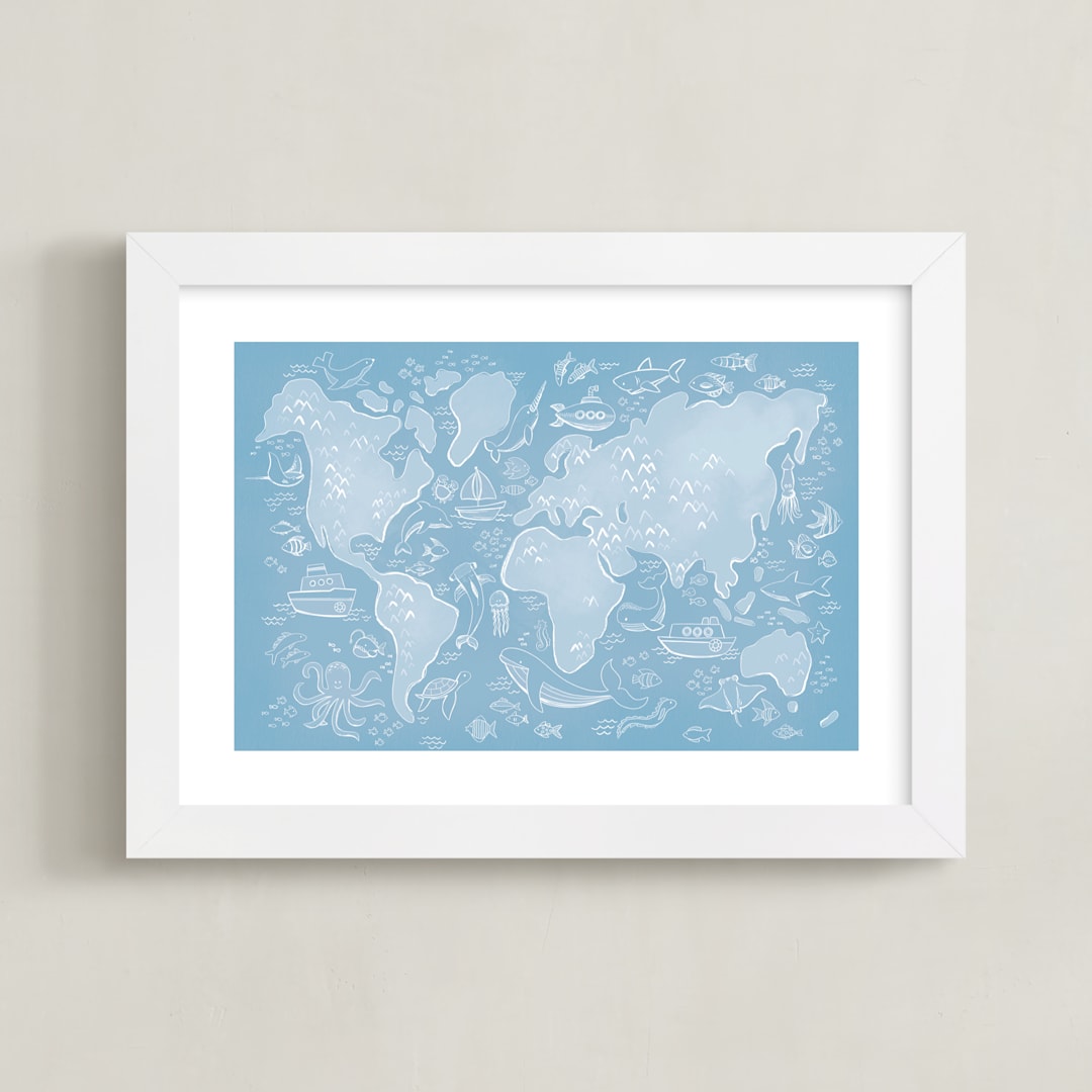 "Sea Life World Map" - Art Print in Sea by Jessie Steury - Framed