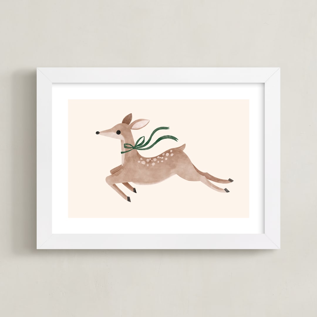 "Deer With Bow" - Art Print in Hunter Green by Vivian Yiwing - Framed