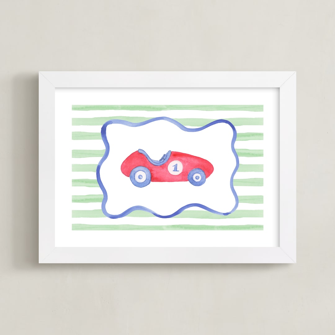 "Vintage Play Car" - Art Print in Race Car Red by Little Blue Designs - Framed