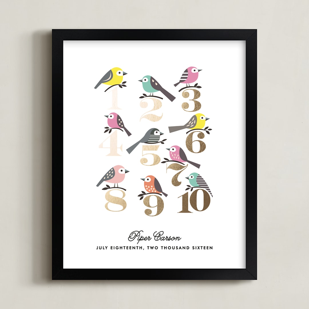 "Counting Birds" - Personalized Foil-Pressed Art Print in Gold by Karidy Walker - Framed