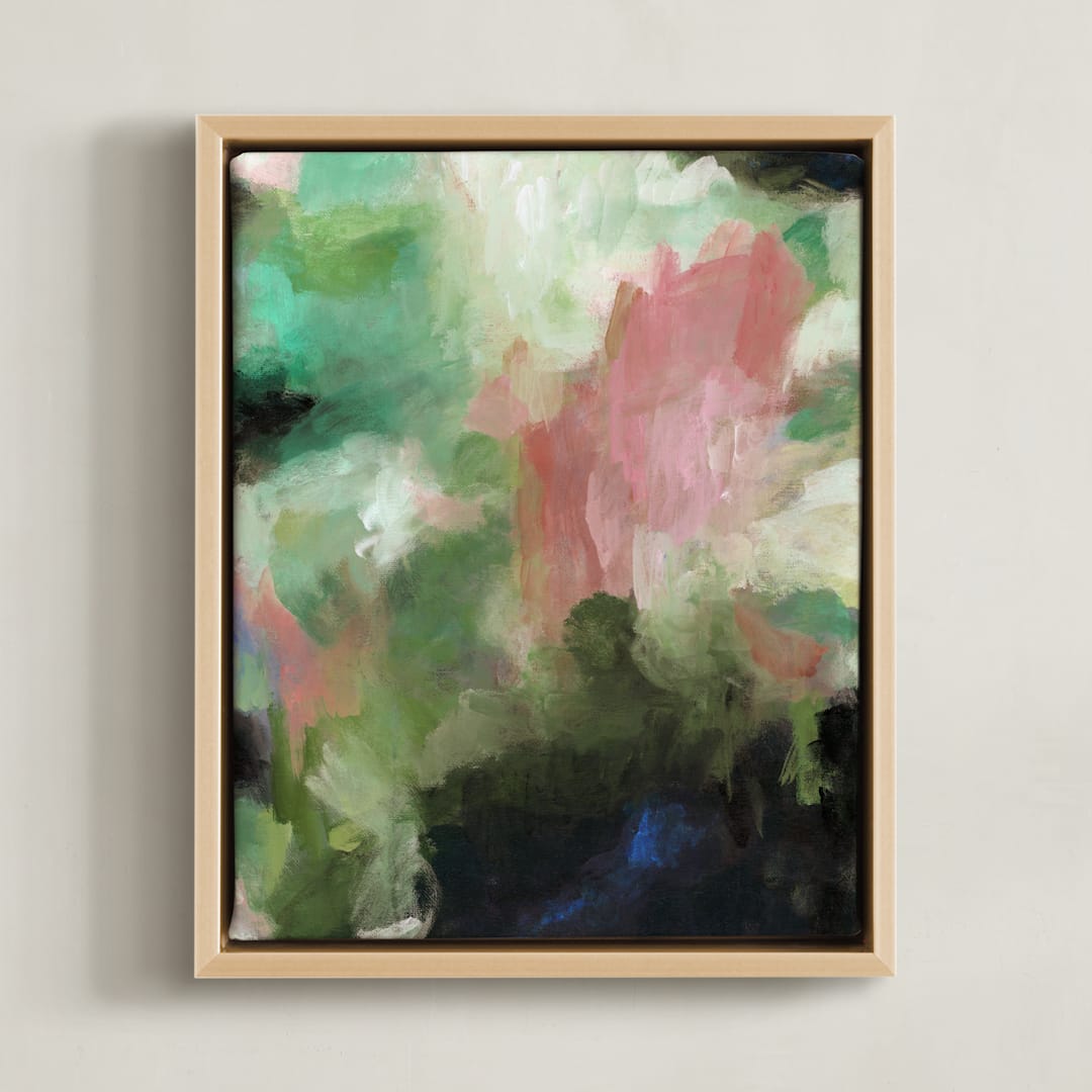 "Abstract Waterfalls" - Art Print in Pink and green by Lauren Rutley - Framed Canvas