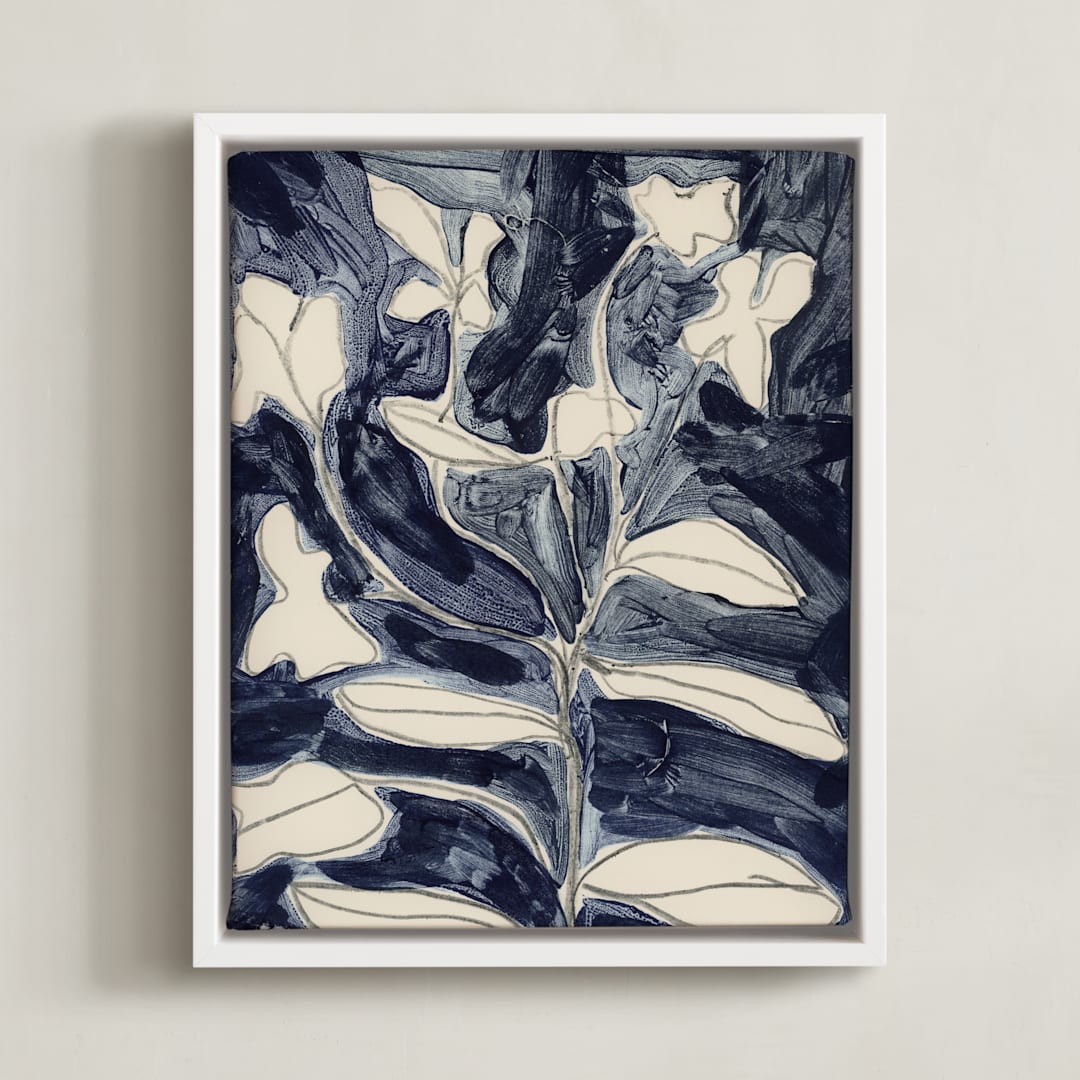 "Petals on Indigo" - Art Print in Indigo Blue by Deborah Velasquez - Framed Canvas