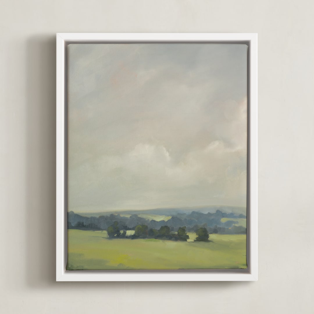 "Rosy Tomorrow I" - Art Print in Grey Blue by Stephanie Goos Johnson - Framed Canvas