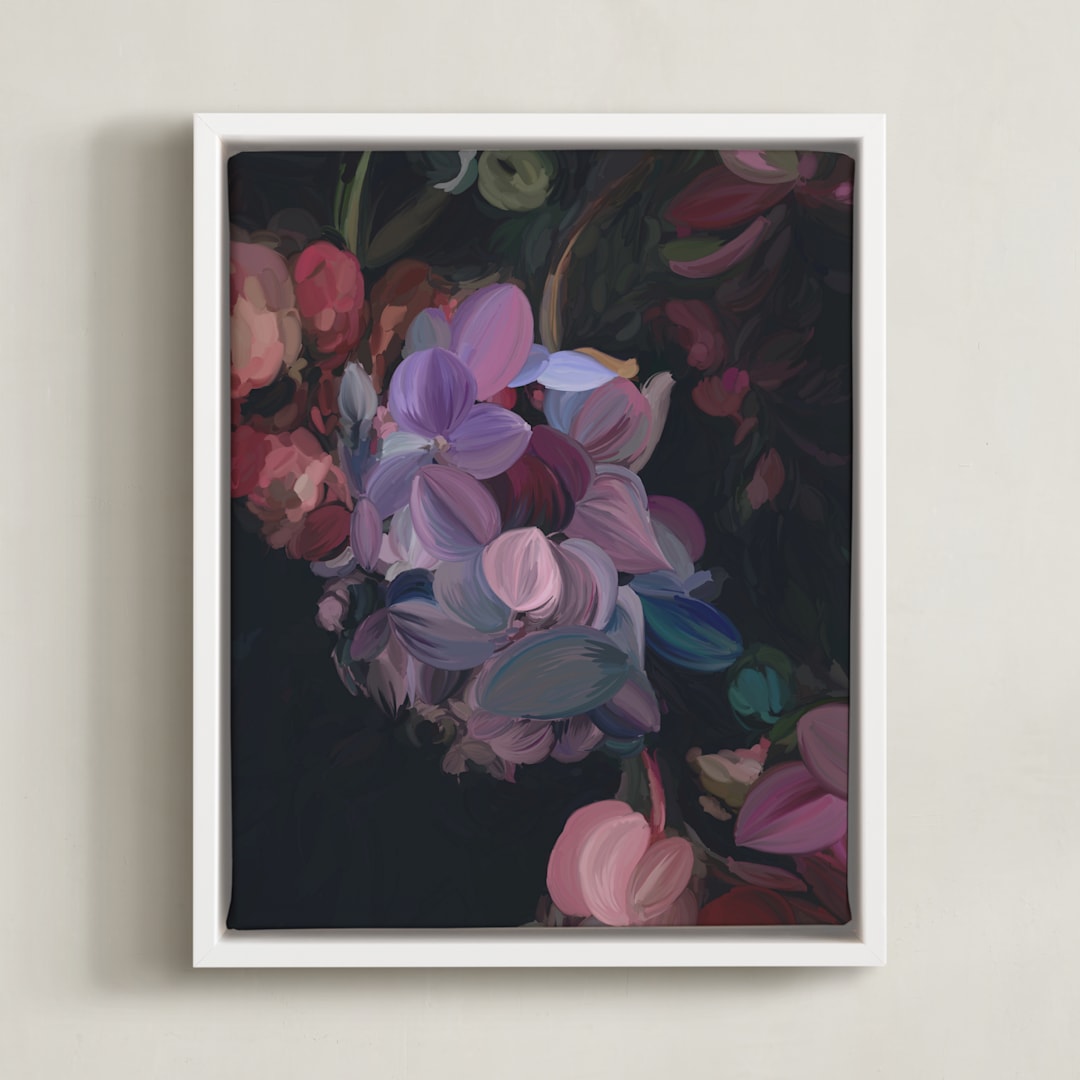 "Midnight Petals" - Art Print in Midnight Plum by Amy Hall - Framed Canvas