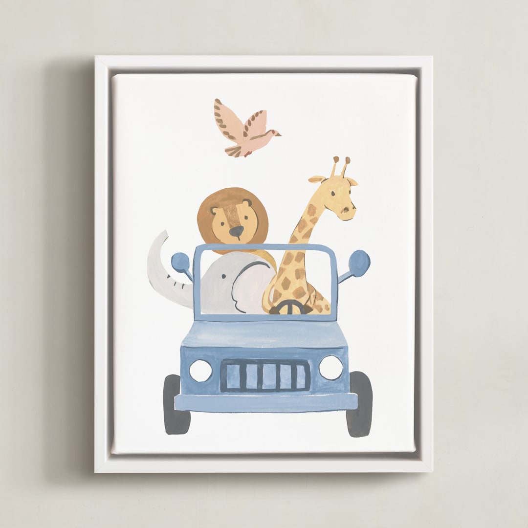 "Safari Friends 4" - Art Print in Blue by Teju Reval - Framed Canvas